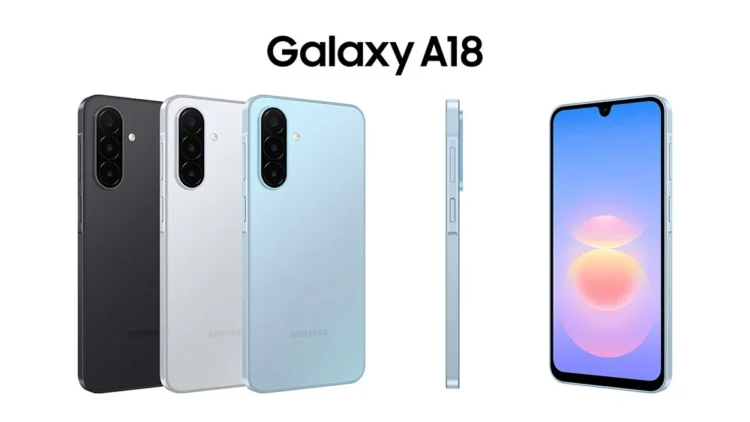 Samsung Galaxy A18 dalam warna hitam, perak, dan biru muda terlihat dari belakang, samping, serta depan