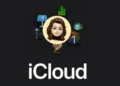 Grafis bertuliskan iCloud pada latar gelap dengan avatar ilustratif dan sejumlah ikon aplikasi Apple