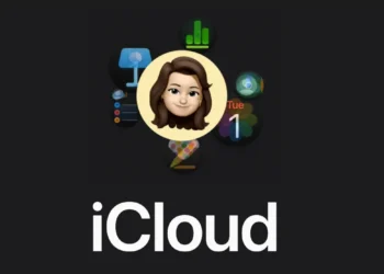 Grafis bertuliskan iCloud pada latar gelap dengan avatar ilustratif dan sejumlah ikon aplikasi Apple