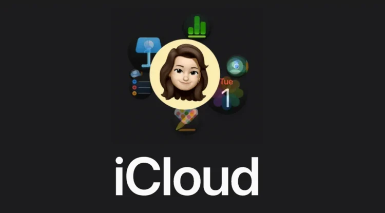Grafis bertuliskan iCloud pada latar gelap dengan avatar ilustratif dan sejumlah ikon aplikasi Apple