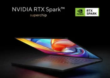 Laptop ASUS ProArt berwarna hitam dengan layar terbuka sebagian, disertai teks NVIDIA RTX Spark superchip pada latar hitam