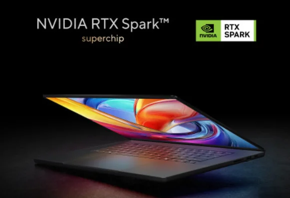 Laptop ASUS ProArt berwarna hitam dengan layar terbuka sebagian, disertai teks NVIDIA RTX Spark superchip pada latar hitam