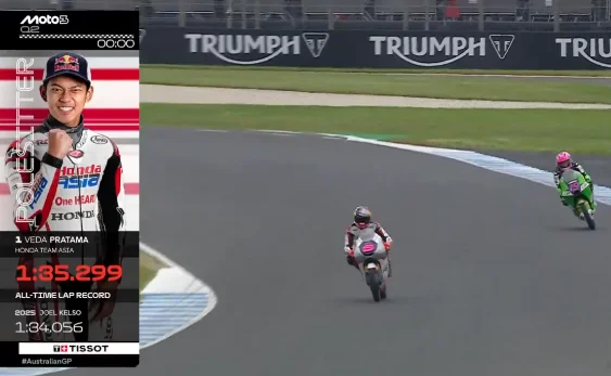 Tangkapan layar kualifikasi Moto3 Australia yang menampilkan Veda Ega Pratama di lintasan dan grafis catatan waktu 1 menit 35,299 detik.