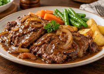 Bistik daging sapi berlapis saus kecap dan bawang bombai, disajikan bersama kentang, wortel, dan buncis