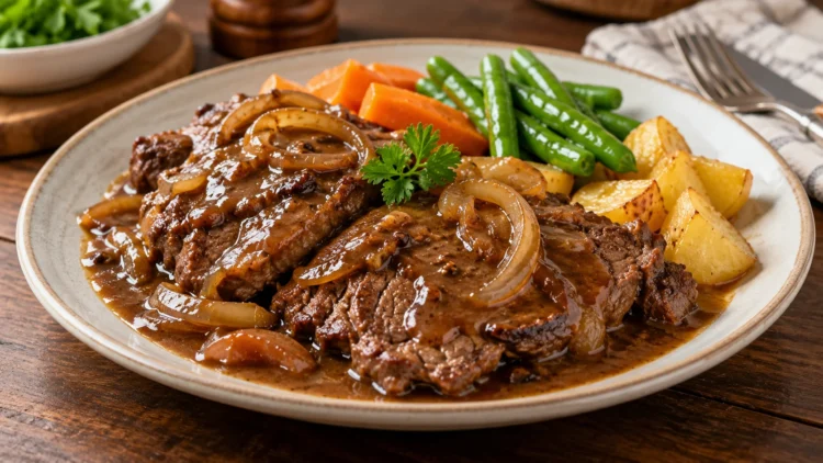 Bistik daging sapi berlapis saus kecap dan bawang bombai, disajikan bersama kentang, wortel, dan buncis