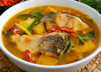 Potongan ikan patin dalam kuah kuning kemerahan dengan cabai, sayuran, dan daun hijau di mangkuk putih