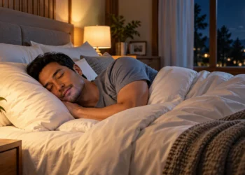 Seorang pria tidur menyamping dengan nyaman di tempat tidur dalam kamar bercahaya lampu hangat pada malam hari