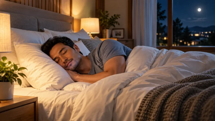 Seorang pria tidur menyamping dengan nyaman di tempat tidur dalam kamar bercahaya lampu hangat pada malam hari