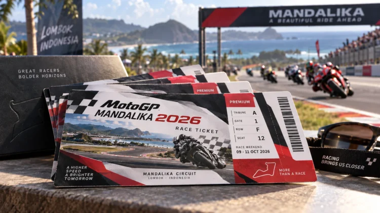 Ilustrasi AI beberapa tiket MotoGP Mandalika 2026 dengan desain merah hitam di depan latar Sirkuit Mandalika