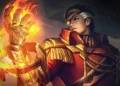 Karakter Valir mengenakan pakaian merah dan emas dengan satu tangan terangkat yang dikelilingi kobaran api