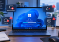Ilustrasi laptop Windows 11 dengan peringatan bug Remote Desktop, audio, backup, dan sistem
