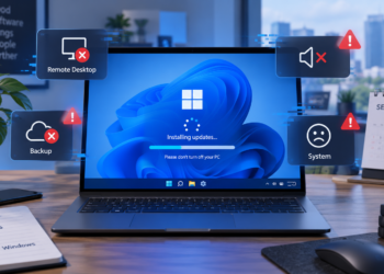 Ilustrasi laptop Windows 11 dengan peringatan bug Remote Desktop, audio, backup, dan sistem