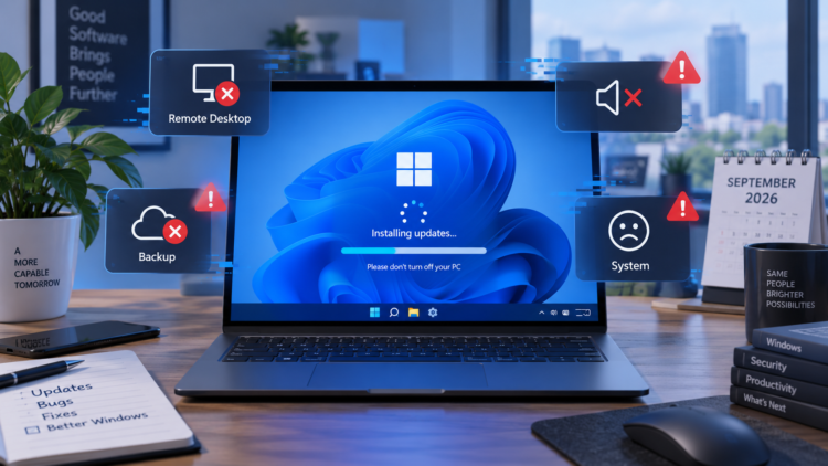 Ilustrasi laptop Windows 11 dengan peringatan bug Remote Desktop, audio, backup, dan sistem