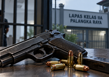 Ilustrasi pistol, peluru, dan magasin di meja dengan gambaran gerbang lapas serta petugas di latar belakang