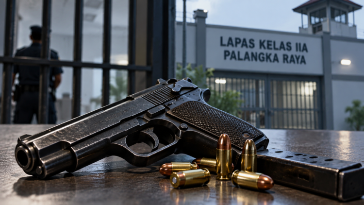 Ilustrasi pistol, peluru, dan magasin di meja dengan gambaran gerbang lapas serta petugas di latar belakang