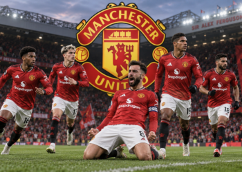 Ilustrasi skuad Manchester United di lapangan sepak bola