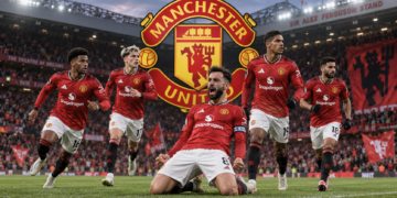 Ilustrasi skuad Manchester United di lapangan sepak bola