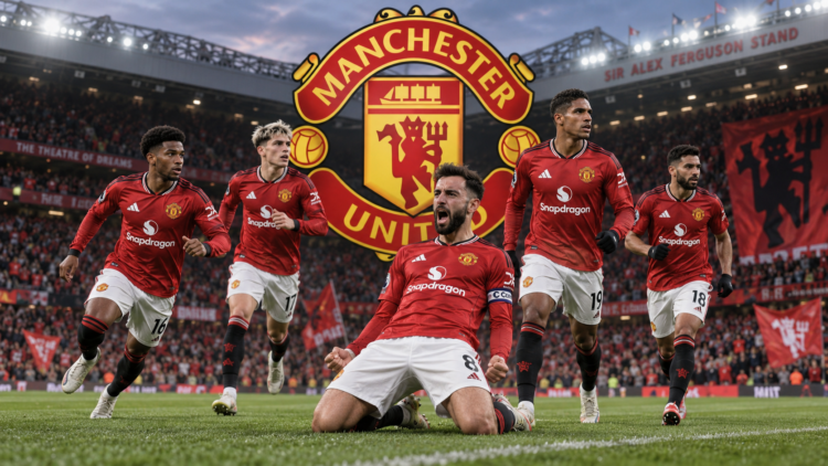 Ilustrasi skuad Manchester United di lapangan sepak bola