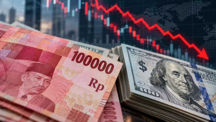 Ilustrasi uang rupiah dan dolar Amerika Serikat dengan grafik keuangan berwarna merah yang bergerak turun