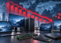 Ilustrasi laptop, PC desktop, modul RAM dan SSD di depan peta dunia dengan grafik merah turun dan angka minus 21 persen