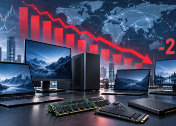 Ilustrasi laptop, PC desktop, modul RAM dan SSD di depan peta dunia dengan grafik merah turun dan angka minus 21 persen