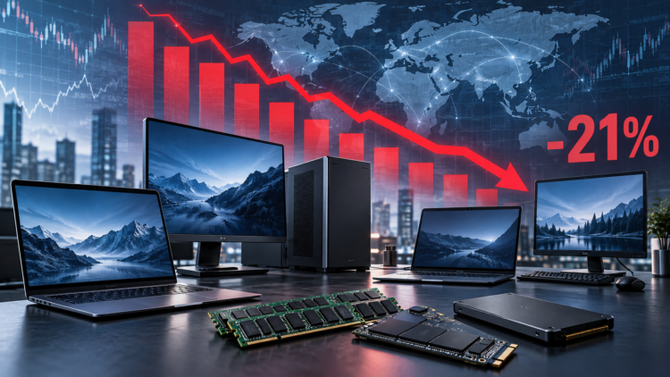 Ilustrasi laptop, PC desktop, modul RAM dan SSD di depan peta dunia dengan grafik merah turun dan angka minus 21 persen