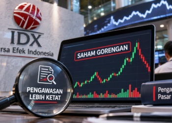 Ilustrasi layar grafik saham dengan tulisan saham gorengan dan simbol pengawasan pasar modal