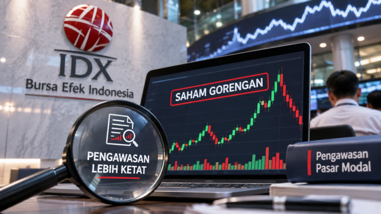 Ilustrasi layar grafik saham dengan tulisan saham gorengan dan simbol pengawasan pasar modal