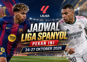 Ilustrasi AI Lamine Yamal mengenakan jersey Barcelona dan Kylian Mbappe mengenakan jersey Real Madrid pada poster jadwal Liga Spanyol 24-27 Oktober 2026.