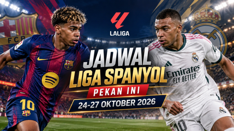 Ilustrasi AI Lamine Yamal mengenakan jersey Barcelona dan Kylian Mbappe mengenakan jersey Real Madrid pada poster jadwal Liga Spanyol 24-27 Oktober 2026.