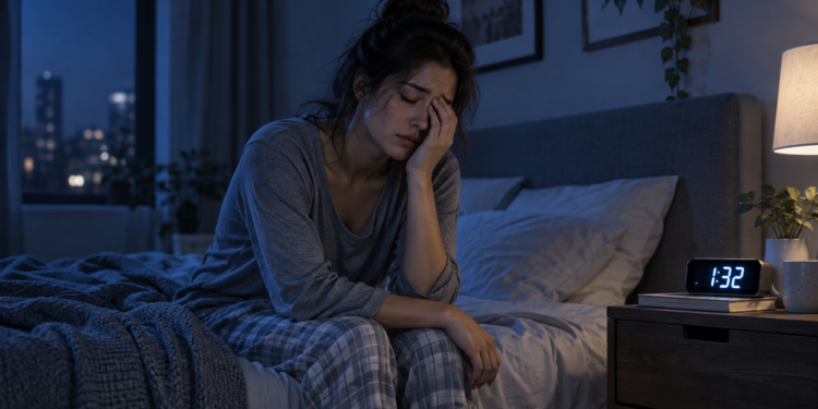 Ilustrasi perempuan kelelahan duduk di tempat tidur pada larut malam