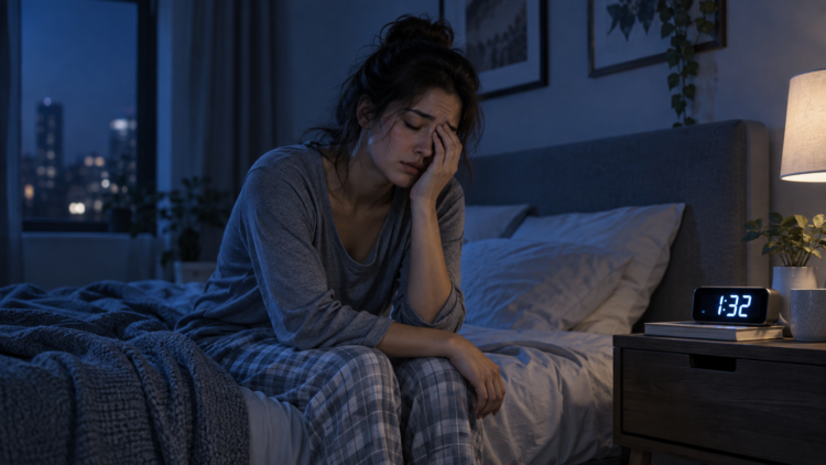 Ilustrasi perempuan kelelahan duduk di tempat tidur pada larut malam
