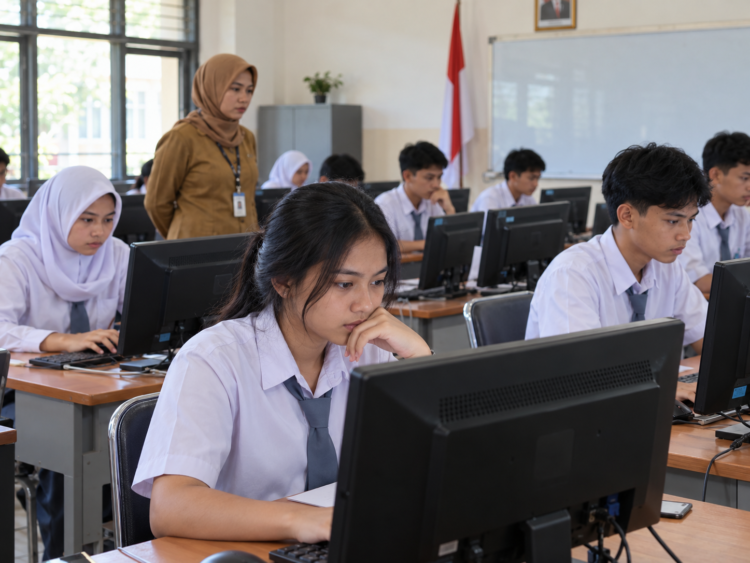 Ilustrasi siswa SMA mengerjakan ujian menggunakan komputer di ruang kelas dengan pengawas