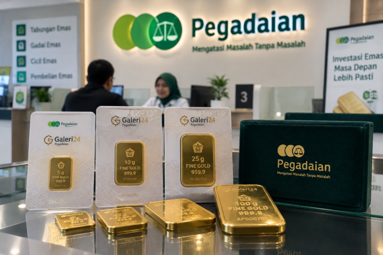 Ilustrasi batangan emas Galeri24 di layanan Pegadaian