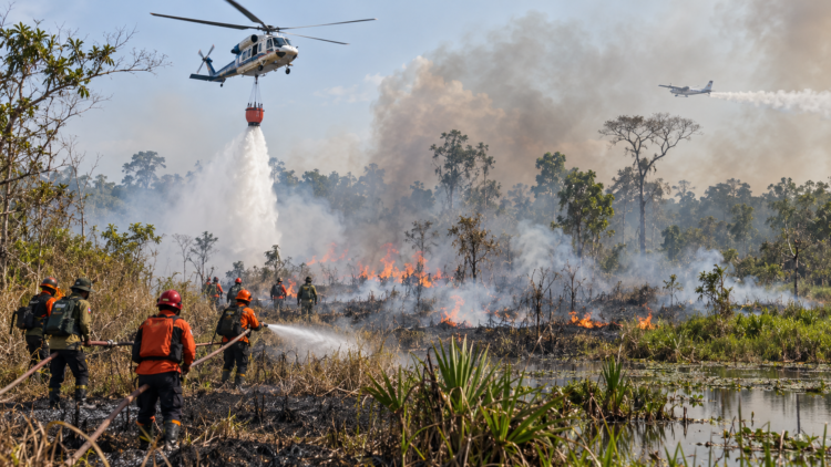 Ilustrasi helikopter menyiram air ke lahan terbakar sementara petugas memadamkan api dan pesawat melintas di kejauhan