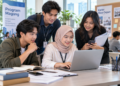 Ilustrasi kelompok lulusan muda memeriksa peluang magang melalui laptop di ruang kerja