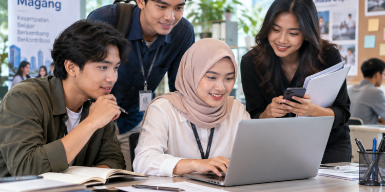 Ilustrasi kelompok lulusan muda memeriksa peluang magang melalui laptop di ruang kerja