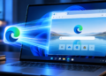 Ilustrasi laptop Windows 11 yang menampilkan jendela Microsoft Edge dengan efek cahaya biru