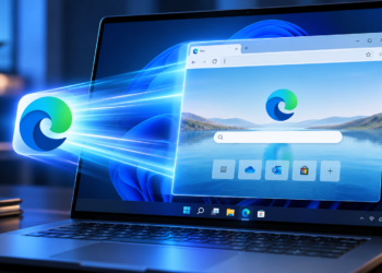 Ilustrasi laptop Windows 11 yang menampilkan jendela Microsoft Edge dengan efek cahaya biru