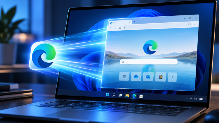 Ilustrasi laptop Windows 11 yang menampilkan jendela Microsoft Edge dengan efek cahaya biru