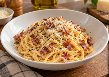 Spageti carbonara creamy dengan smoked beef, keju, dan lada hitam