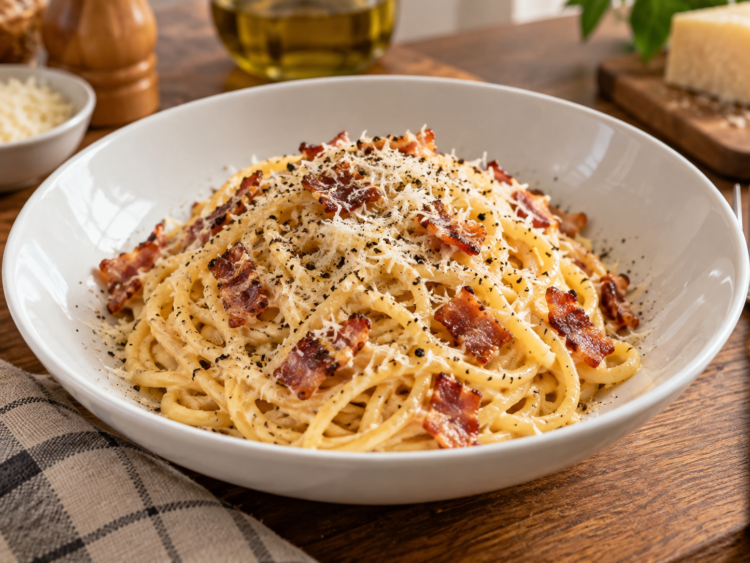 Spageti carbonara creamy dengan smoked beef, keju, dan lada hitam