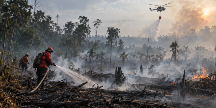 Ilustrasi petugas menyiram area bekas kebakaran hutan yang masih berasap, dengan helikopter pemadam di kejauhan