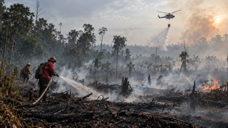 Ilustrasi petugas menyiram area bekas kebakaran hutan yang masih berasap, dengan helikopter pemadam di kejauhan