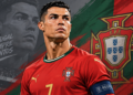 Ilustrasi Cristiano Ronaldo mengenakan seragam merah Timnas Portugal dengan latar warna bendera Portugal