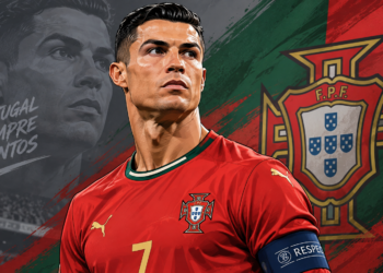 Ilustrasi Cristiano Ronaldo mengenakan seragam merah Timnas Portugal dengan latar warna bendera Portugal