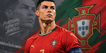 Ilustrasi Cristiano Ronaldo mengenakan seragam merah Timnas Portugal dengan latar warna bendera Portugal