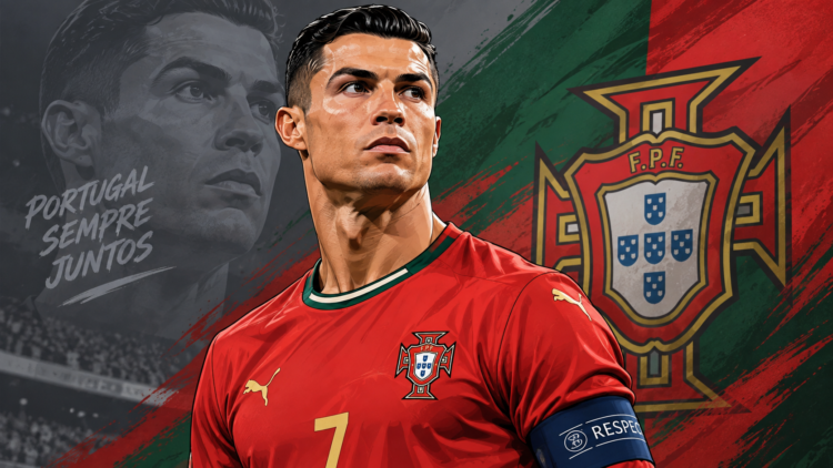 Ilustrasi Cristiano Ronaldo mengenakan seragam merah Timnas Portugal dengan latar warna bendera Portugal