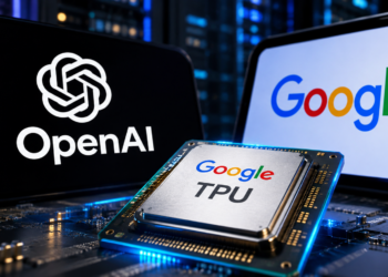 Ilustrasi chip bertuliskan Google TPU di depan layar berlogo OpenAI dan Google