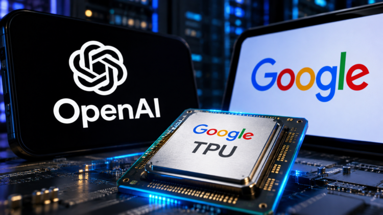 Ilustrasi chip bertuliskan Google TPU di depan layar berlogo OpenAI dan Google